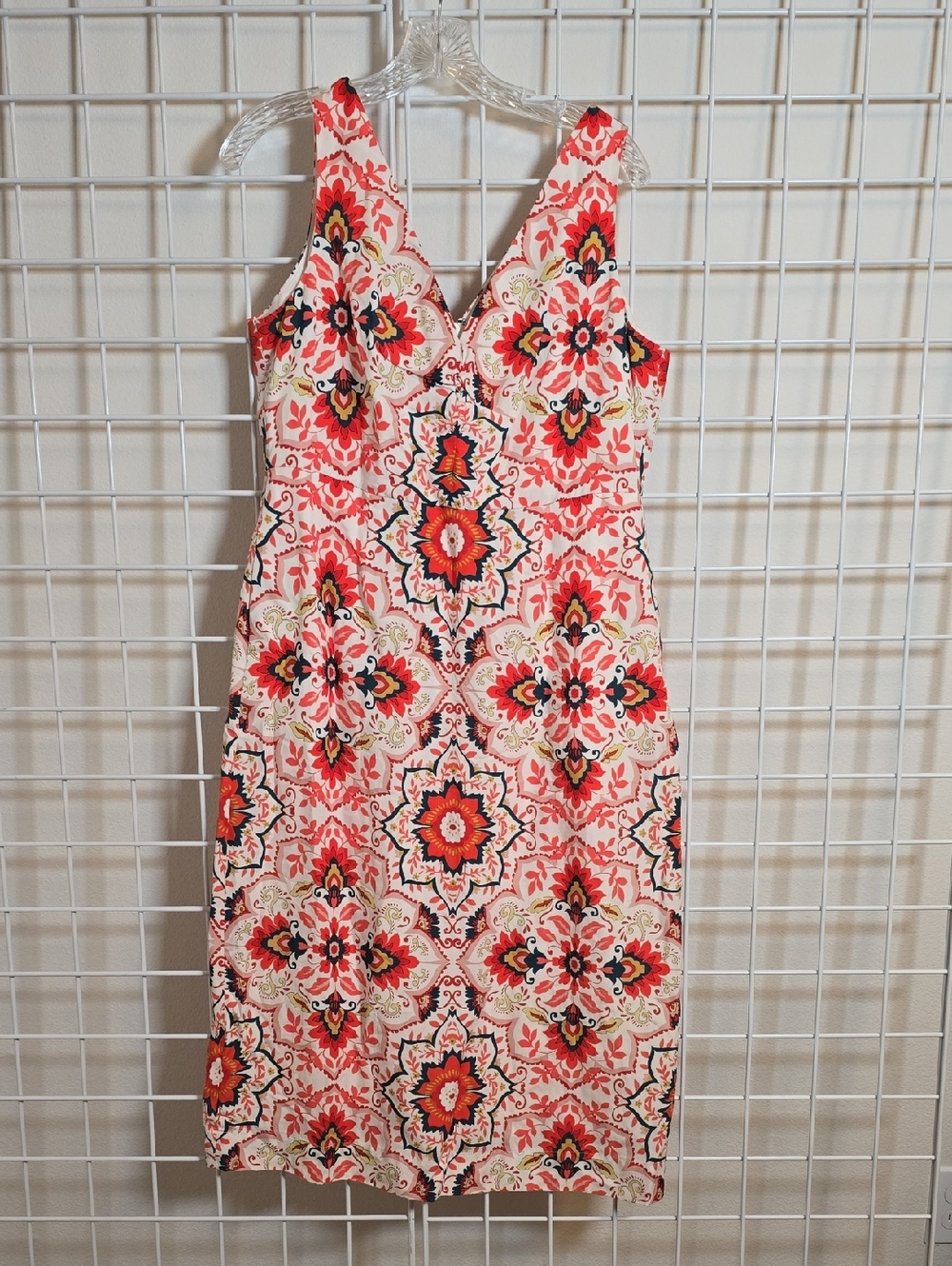 Boden Coral, White and Teal V‑Neck Tile‑Floral Print Midi Dress Size 10P